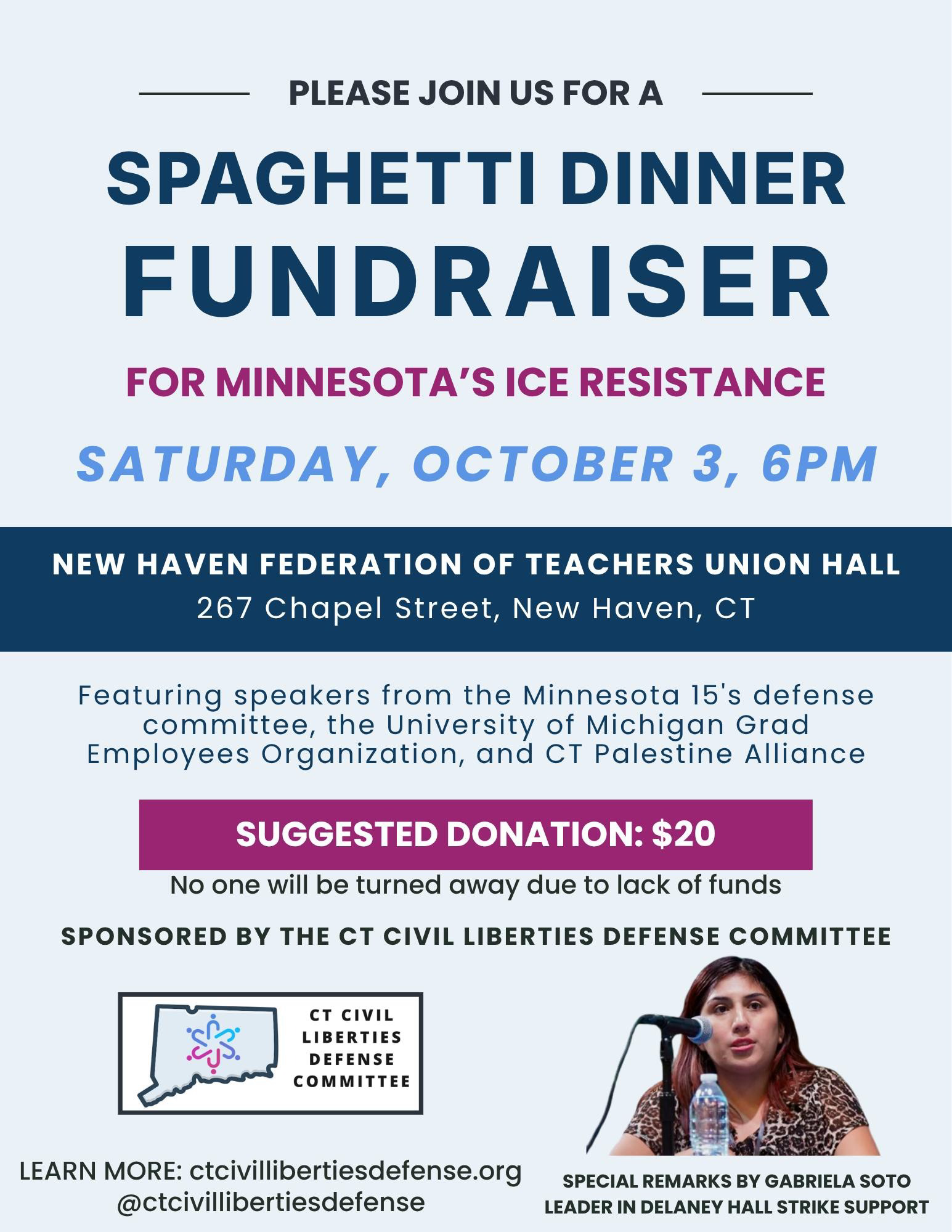 Flyer for Spaghetti Dinner Fundraiser for Minnesota's ICE Resistance, Suggested Donation: $20, No one will be turned away for lack of funds