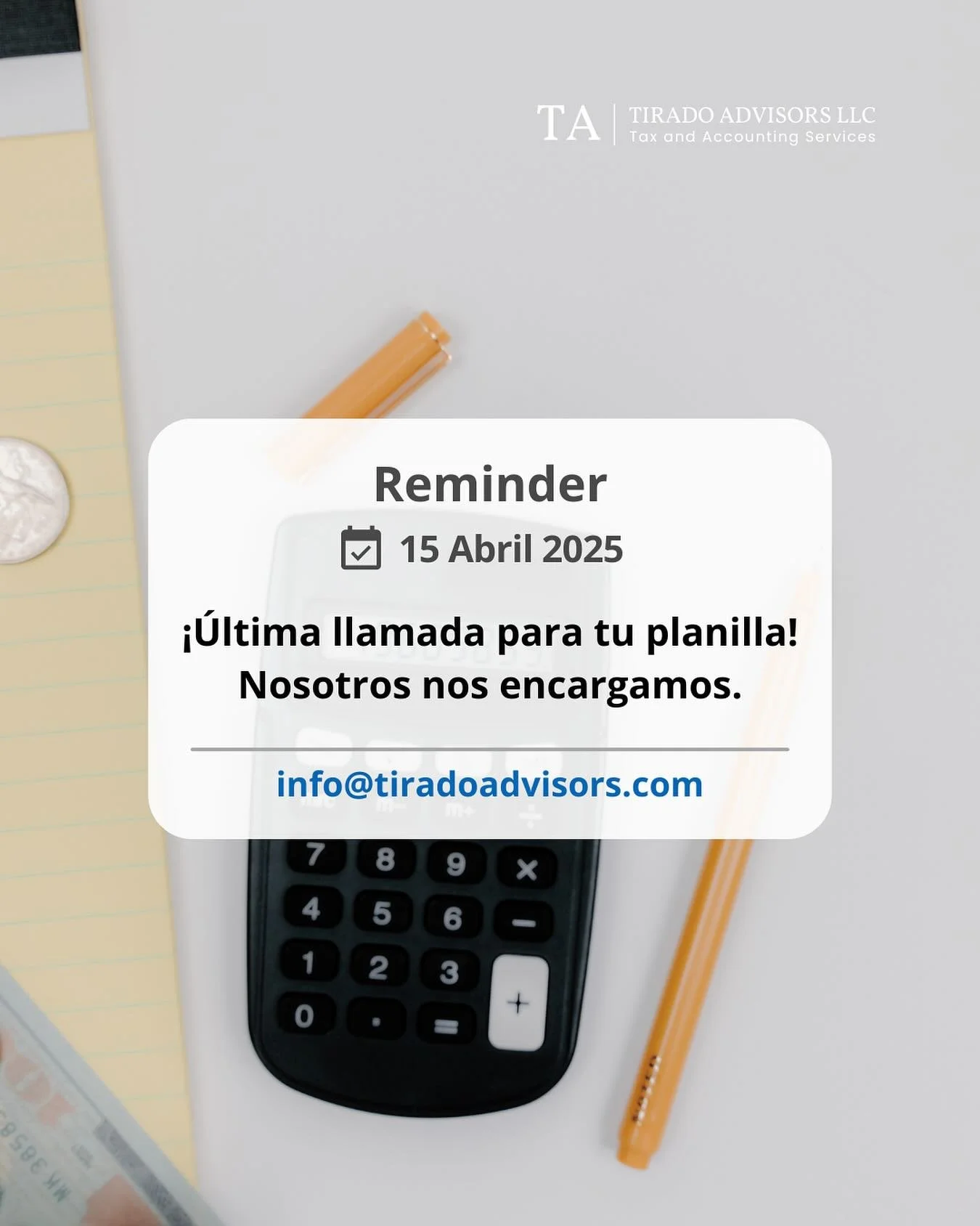&iquest;A&uacute;n no has hecho tu planilla?
No te preocupes, todav&iacute;a est&aacute;s a tiempo &mdash; y no tienes que hacerlo solo/a.

Escr&iacute;benos y nos encargamos de todo, de forma r&aacute;pida y sin estr&eacute;s.
Ofrecemos consultas gr