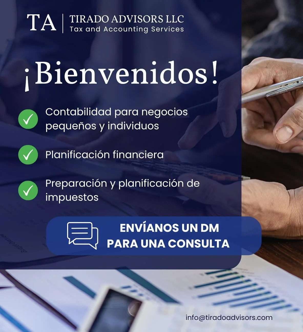 &iexcl;Bienvenidos a Tirado Advisors LLC!
Estamos aqu&iacute; para ayudarte a organizar tus finanzas, crecer tu negocio y cumplir con tus obligaciones contributivas sin estr&eacute;s.
Ofrecemos servicios personalizados de:

✅ Contabilidad para indivi