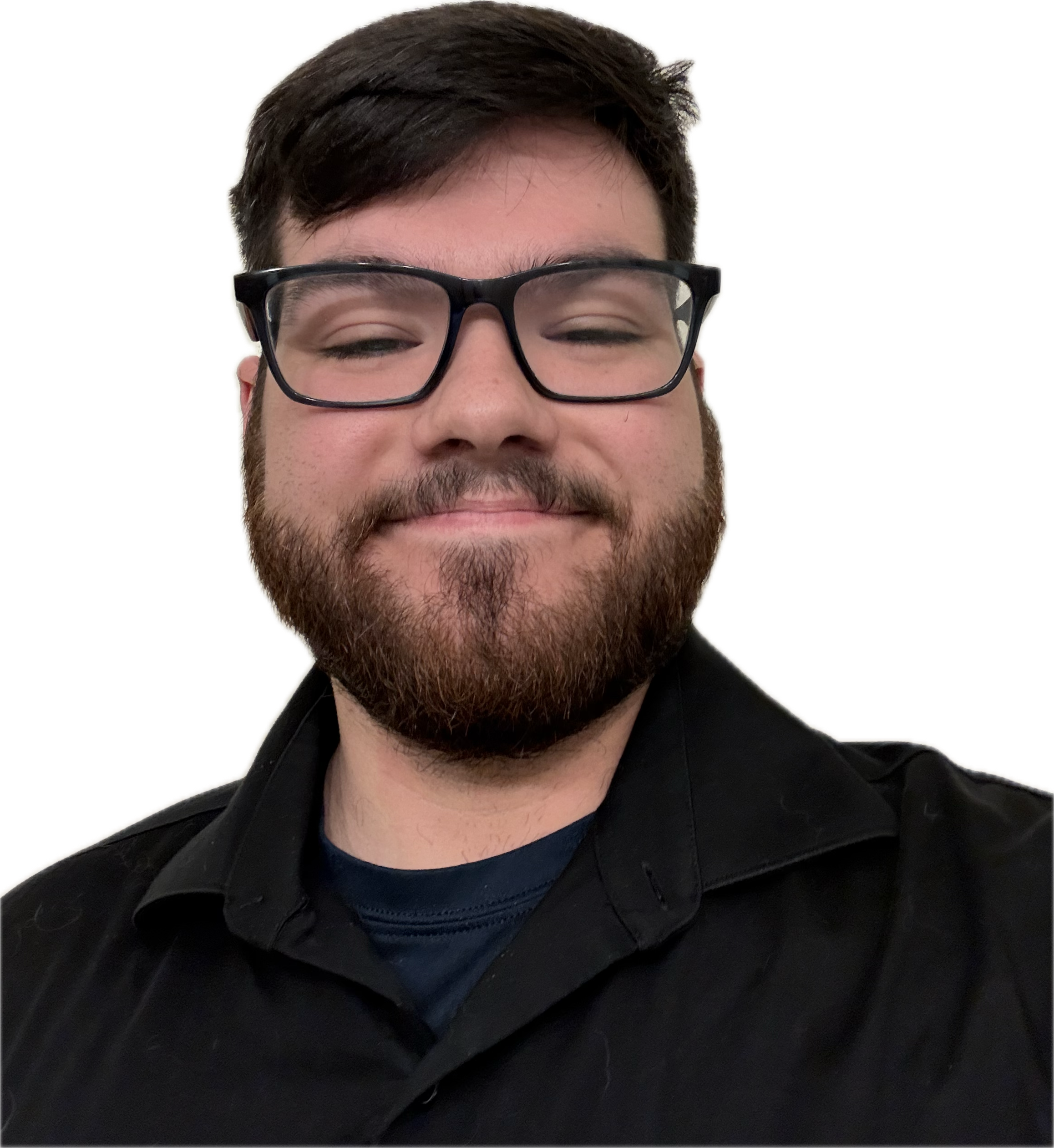 A smiling man with glasses and a beard, wearing a black shirt, against a black background.