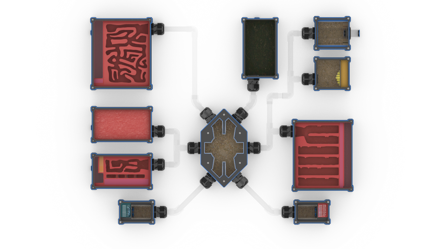 A diagram of a computer liquid cooling system with multiple colored coolant blocks, tubes, a radiator, a pump, and a reservoir.