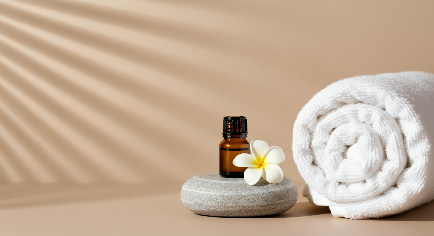A folded white towel, a small brown essential oil bottle, a white flower, and a smooth stone on a beige surface with sunlight casting diagonal shadows.