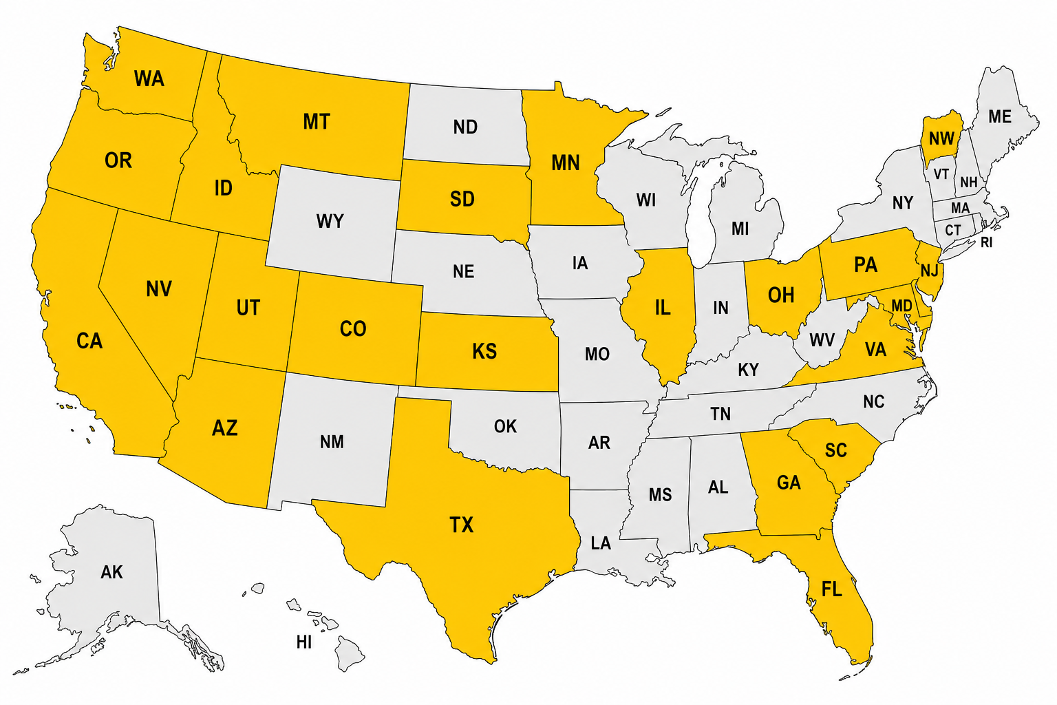 Map of the United States with certain states highlighted in yellow and labeled with their postal abbreviations, indicating they are part of a specific group.