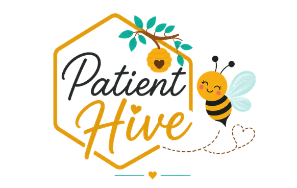 Logo for Patient Hive featuring a hexagon outline with a bee and honeycomb inside, a cartoon bee with a smiling face and wings, and a honey bee hanging from a branch with teal leaves.