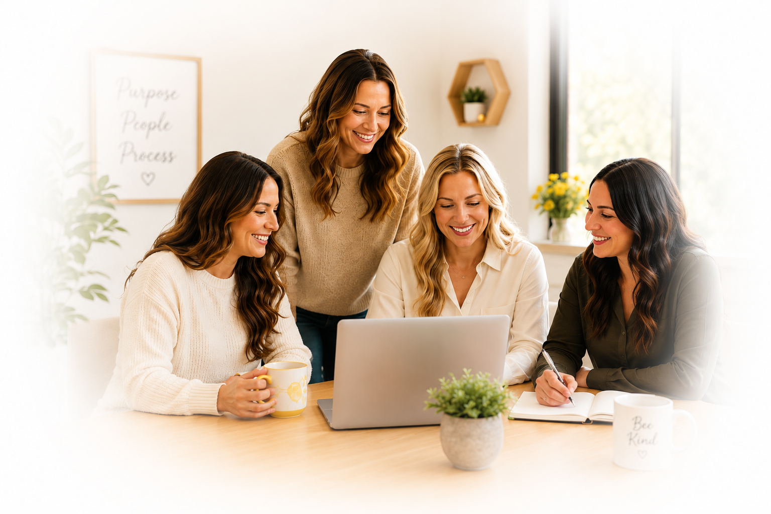 Five women gathered around a laptop, smiling and looking at the screen in a bright room with sunlight coming through the window, with wall decor and potted plants in the background.