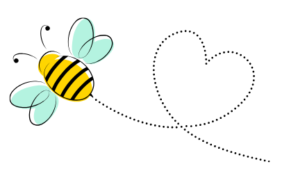A cartoon bee with yellow and black stripes flying near a small flower.