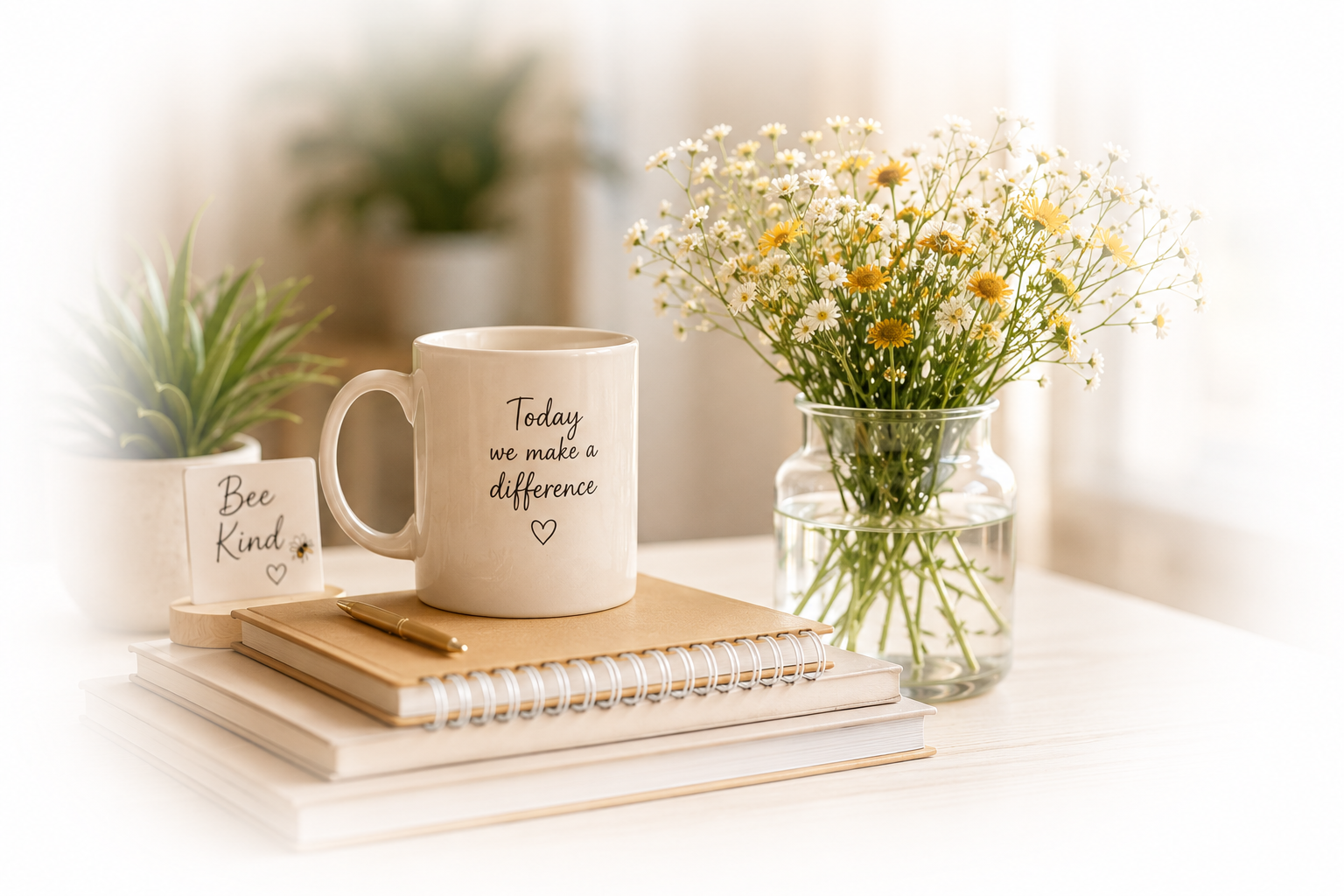 A white mug with the words "Today we make a difference" surrounded by notebooks, a pen, and decorative plants, including a vase of daisies.