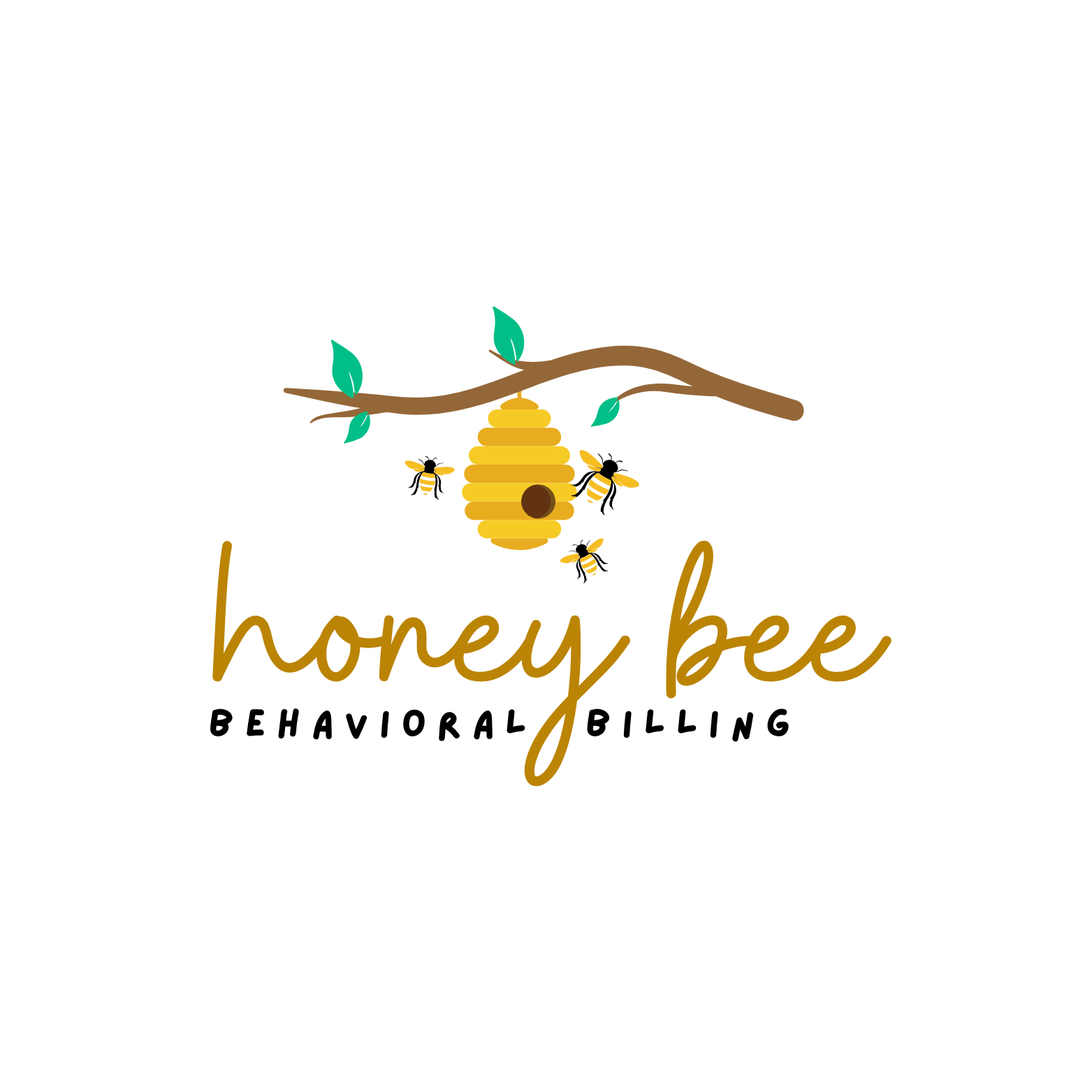 A cartoon illustration of a beehive hanging from a tree branch with green leaves, surrounded by bees, and the words 'honey bee' written below in cursive font.