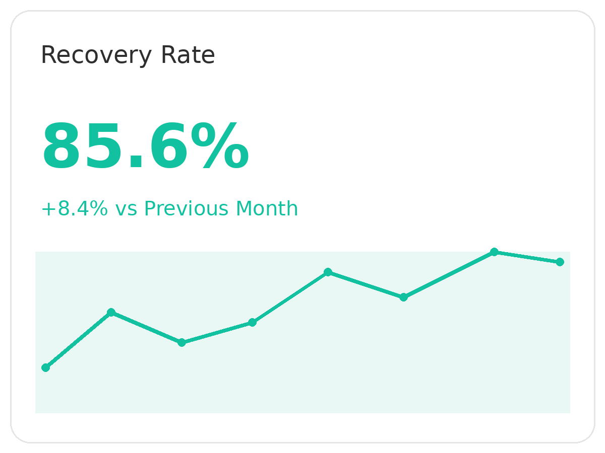 Line graph showing recovery rate at 85.6% with an 8.4% increase from the previous month, labeled 'Recovery Rate'.