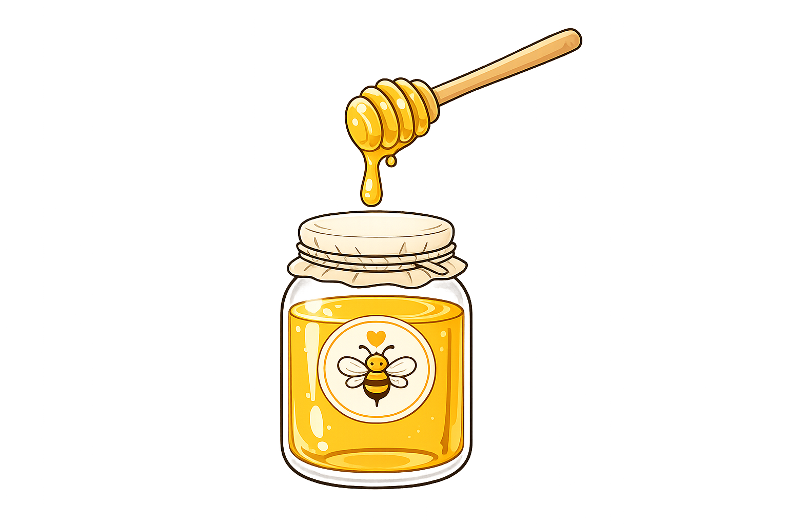 Illustration of a honey jar with a bee logo, a honey dipper dripping honey into the jar, set on a wooden surface.