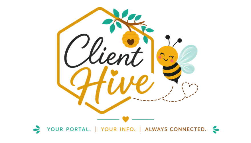 Logo for Client Hive featuring a honey bee, honey hive, and heart symbols, with slogan 'Your portal, your info, always connected'.