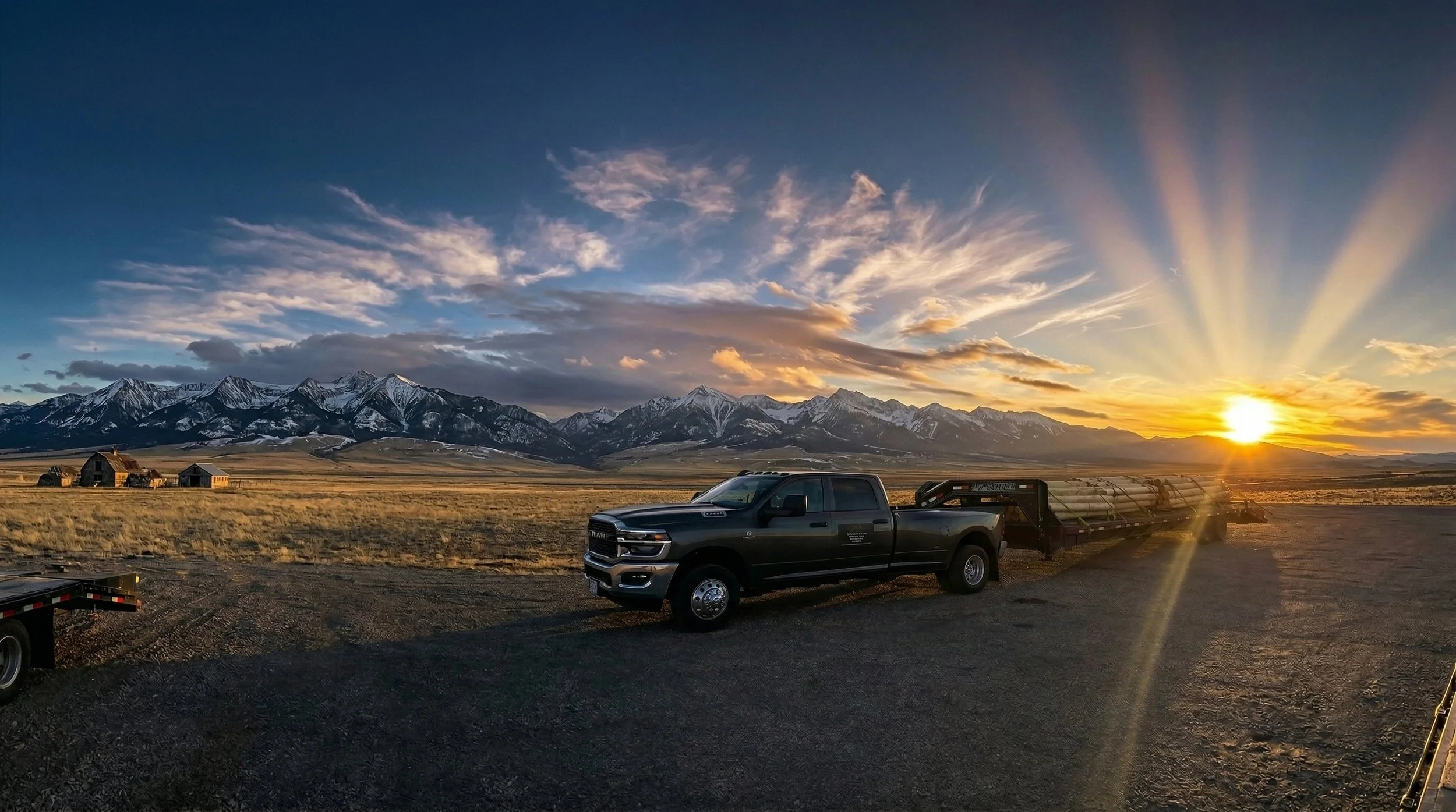 A black pickup truck parked on a dirt area at sunset with mountains in the background and a partly cloudy sky.