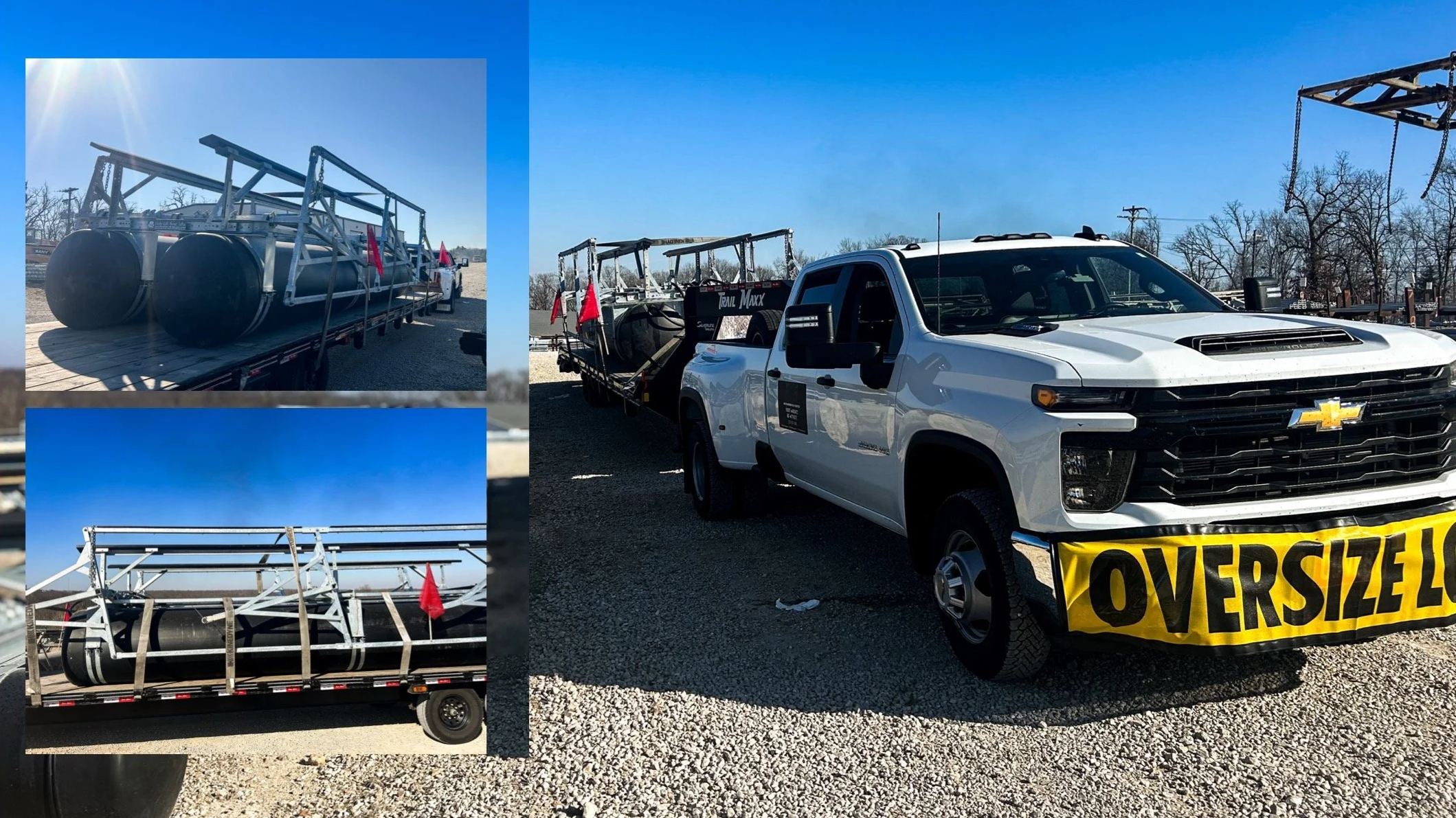 White Chevrolet truck with a yellow oversize load banner, attached to a trailer carrying large black pipes and metal structures.