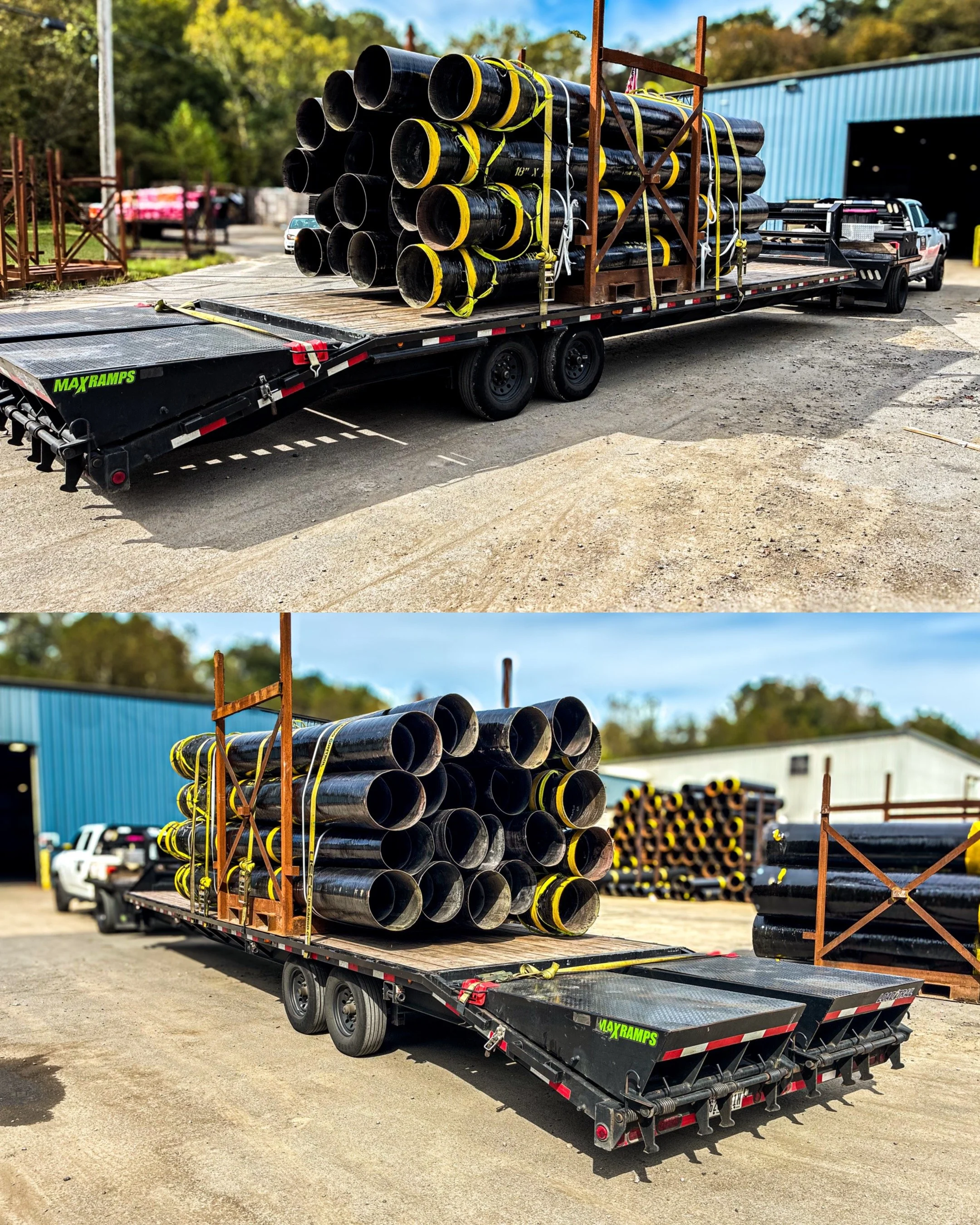 Flatbed truck carrying black industrial pipes with yellow markings and metal frames, parked outdoors in an industrial area.