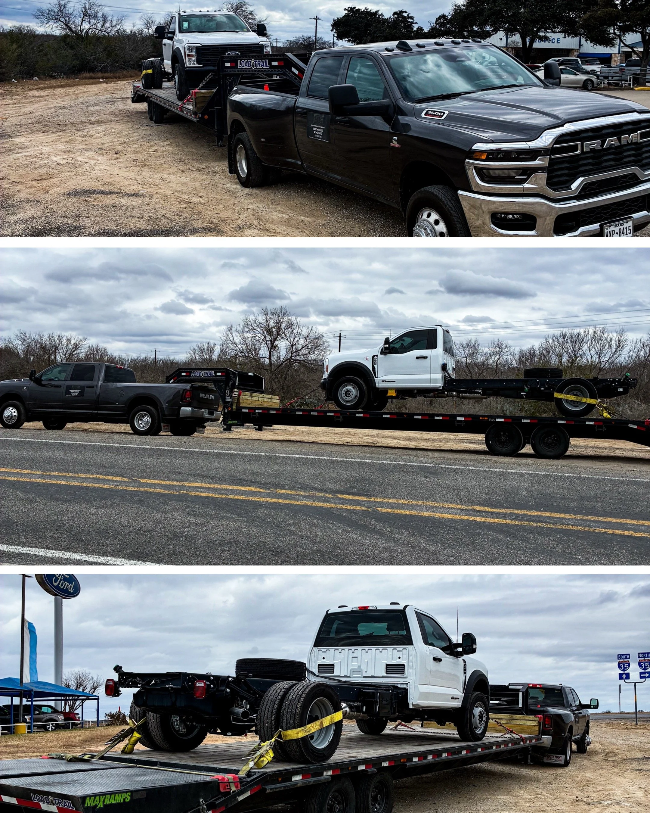 A black pickup truck and a white flatbed tow truck carrying two separate vehicles on different occasions. The black truck hauls a gray pickup truck, and the white truck hauls a white chassis with missing body panels and no engine.