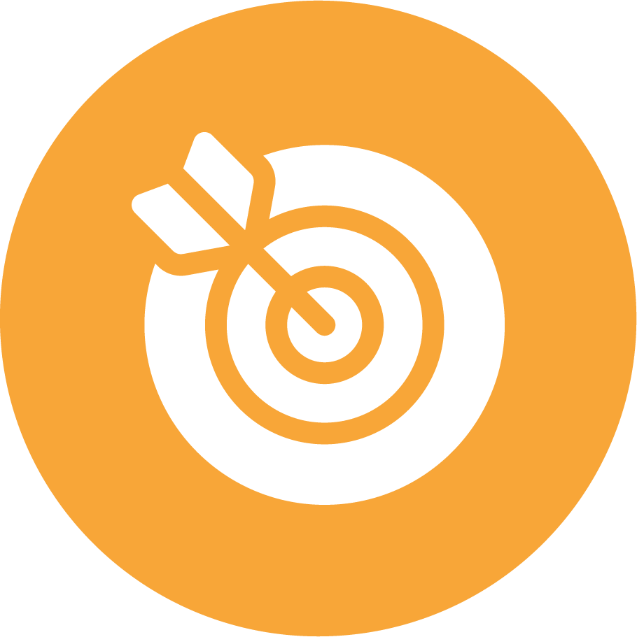 Icon of a dart hitting the center of a target circle on an orange background.