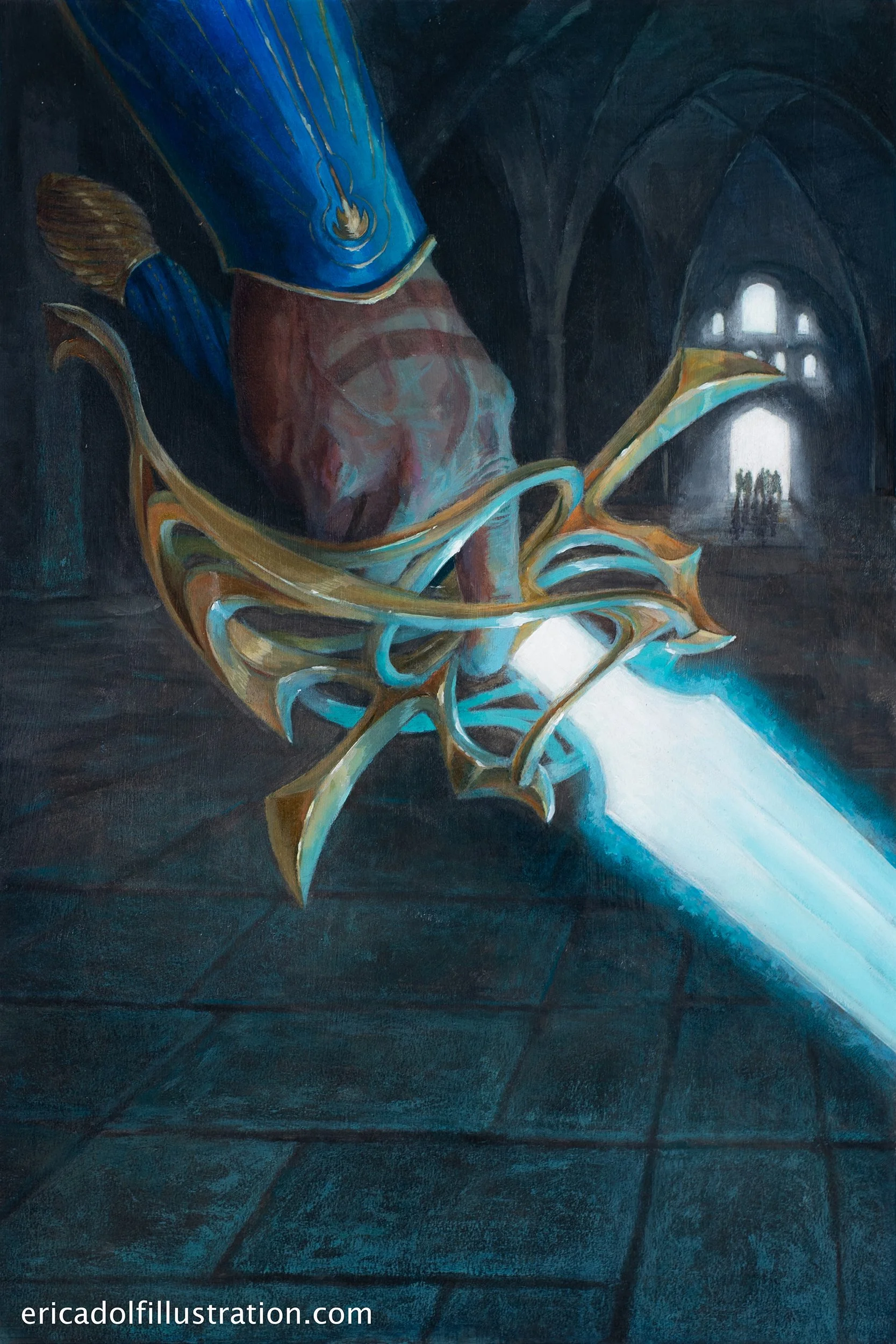 An imagined scene related to a magic sword. Potential cover or interior image.