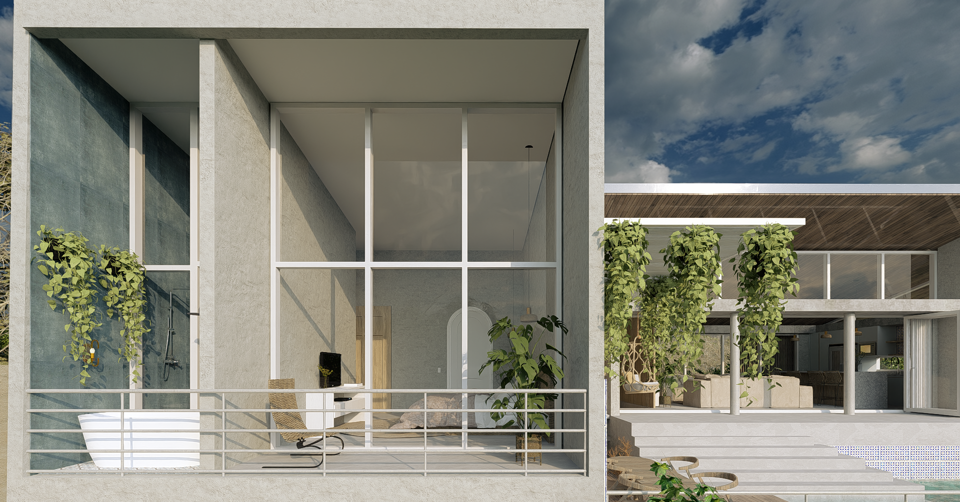 Modern multi-story house with large glass windows, outdoor lounge with chairs, potted plants, and climbing greenery, under a partly cloudy sky.