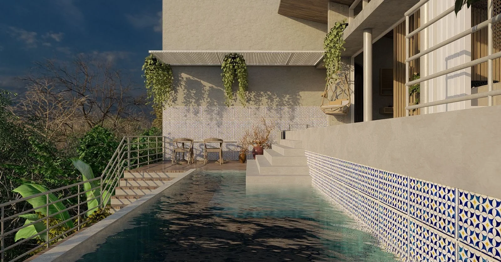 Modern outdoor pool area with stairs, a sitting area with chairs, lush greenery, decorative tiles, and a hanging chair near a rooftop deck during daytime.