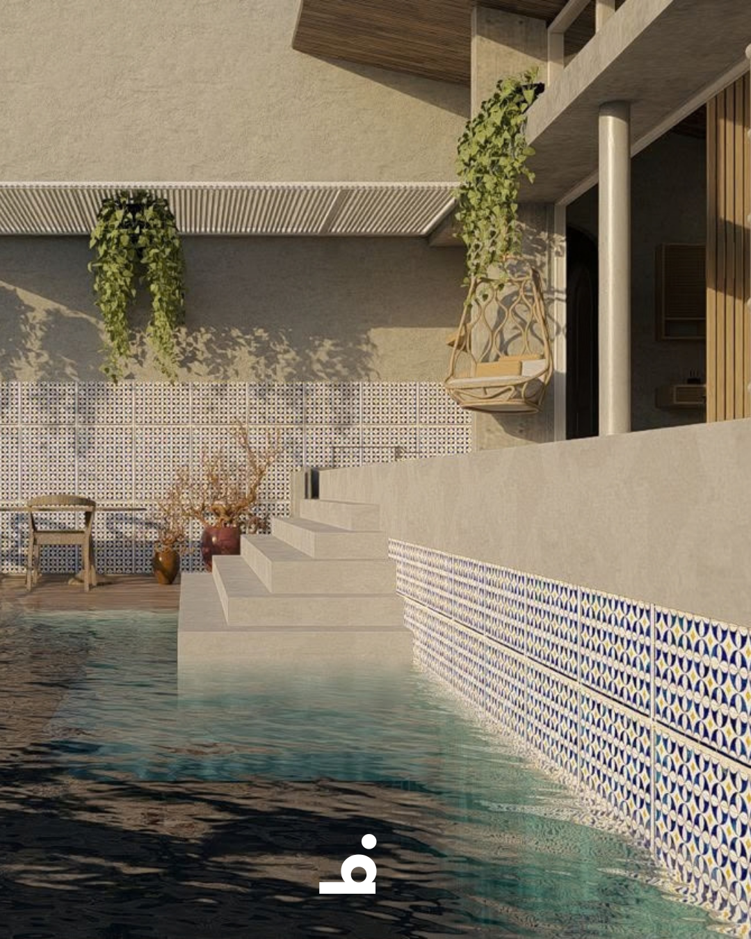 A modern backyard pool area with steps leading into the water, decorative tiles on the pool wall, and outdoor furniture including a hanging chair and potted plants.