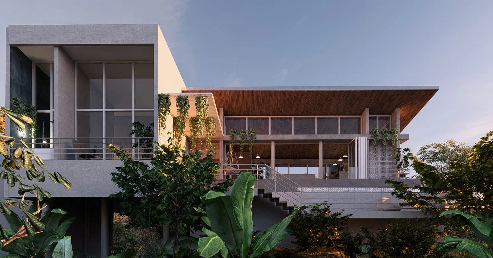 Modern two-story house with large glass windows, surrounded by greenery and trees, under a clear sky.