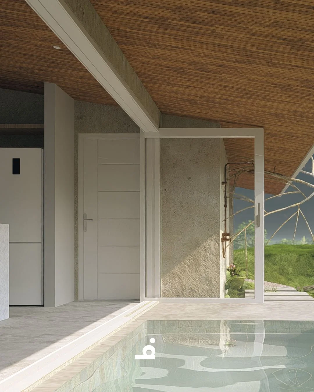 A modern balcony or terrace with a swimming pool, white door, sliding glass door, exposed wooden ceiling, and green landscape in the background.