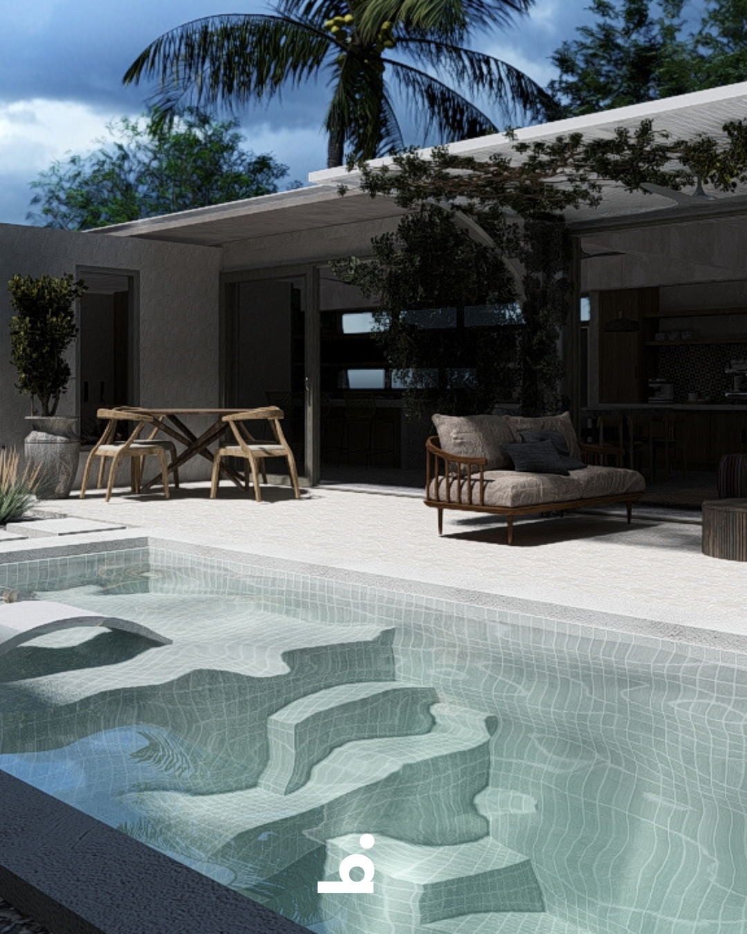 Modern house with outdoor sitting area, a swimming pool, and tropical trees in the background.