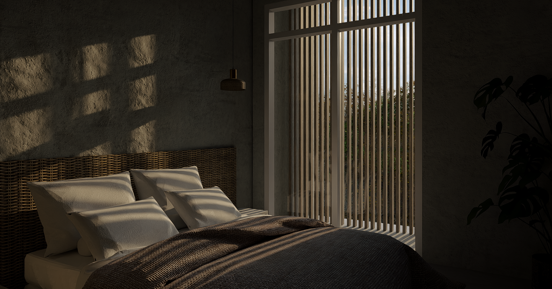 A cozy bedroom with a bed, white pillows, and a dark blanket. Sunlight creates shadows on the textured wall. A window with wooden slats lets in natural light, revealing trees outside. A small pendant light hangs on the wall, and a plant silhouette is visible on the right side.