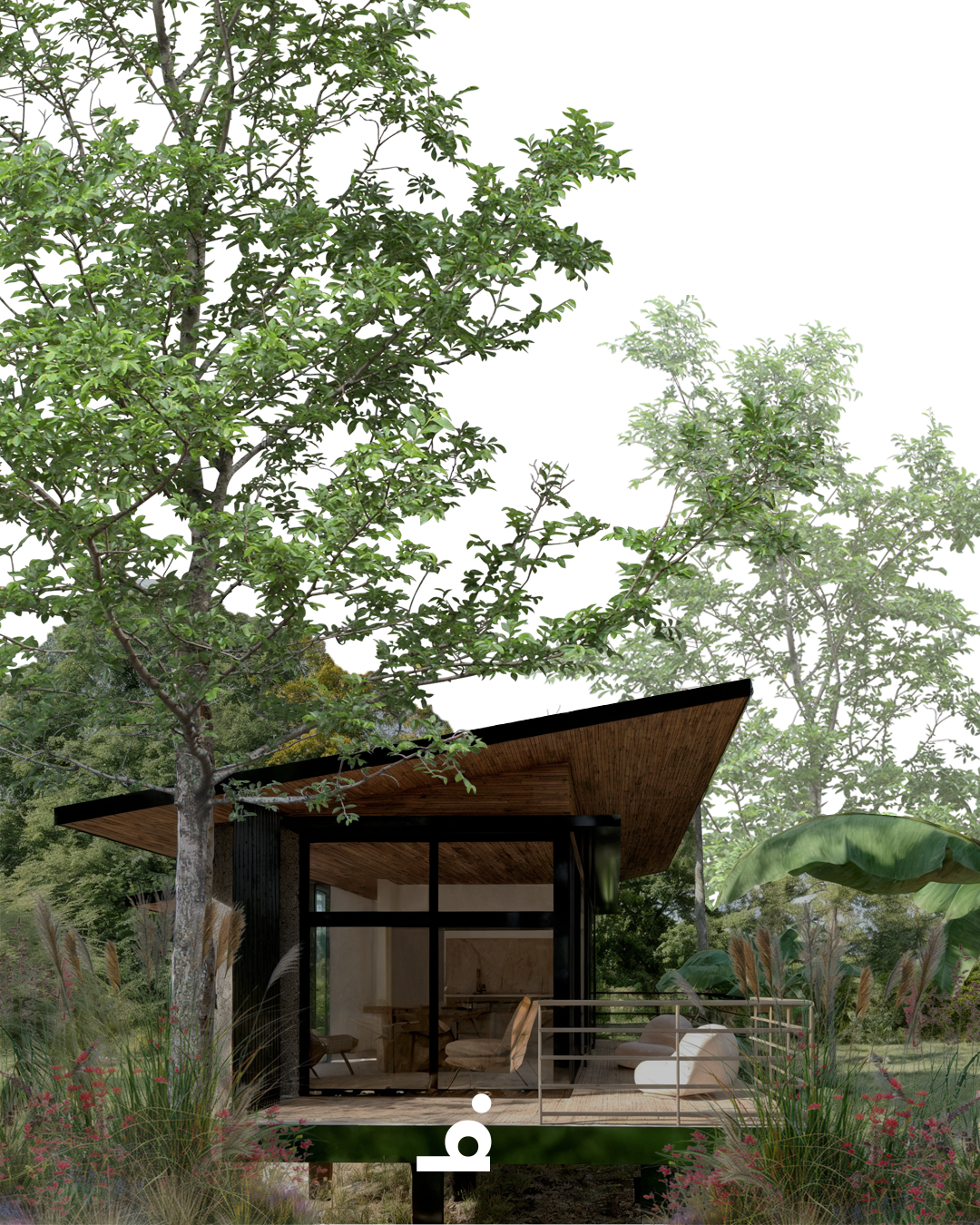 Modern house with large glass windows and a wooden roof, surrounded by lush green trees and plants.