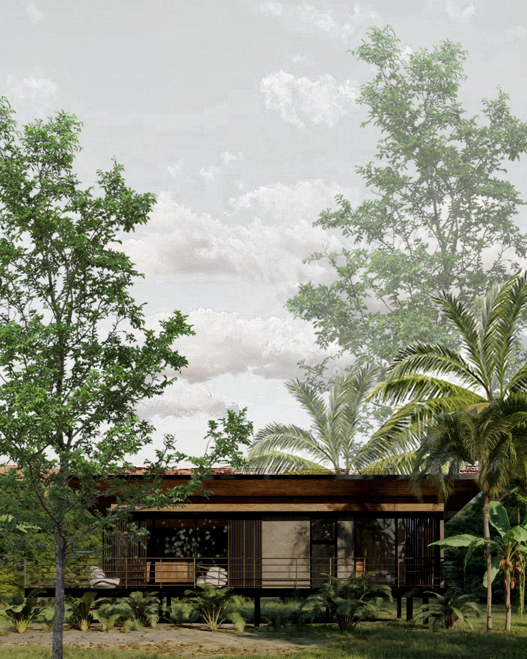 Modern single-story house with a wooden roof surrounded by lush green trees and plants, with a cloudy sky overhead.
