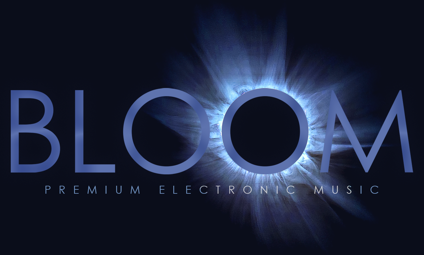 Graphic with the word 'BLOOM' in large letters and 'PREMIUM ELECTRONIC MUSIC' beneath it, with a bright, blue and white light burst resembling a solar eclipse or nuclear reaction in the background.