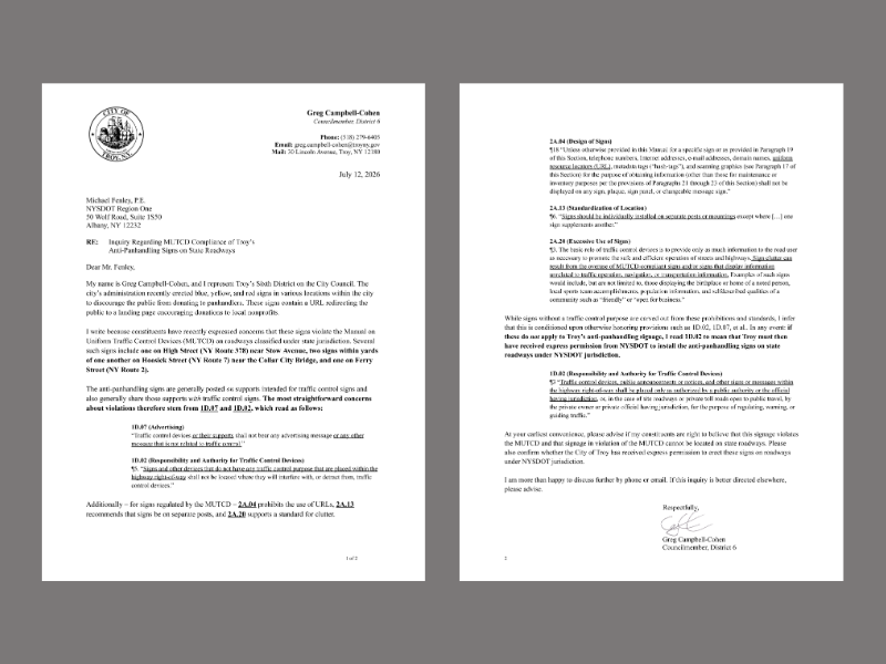 7/12/26 to NYSDOT: MUTCD Compliance re: Anti-Panhandling Signage