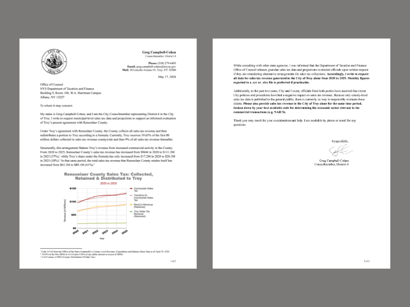 5/17/26 to NYSDTF: Sales Tax Collections in Troy v. County