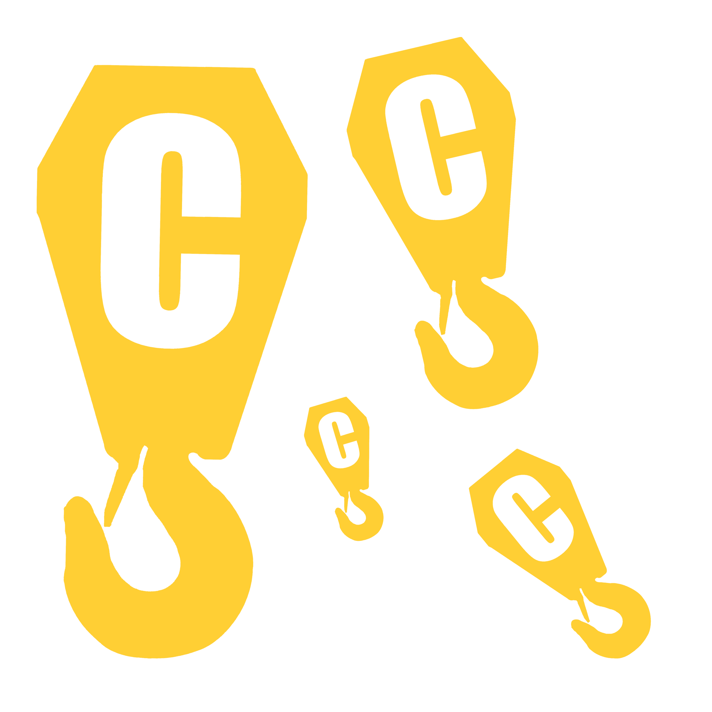 Yellow hooks with black letter 'C' on a black background, various sizes and orientations.