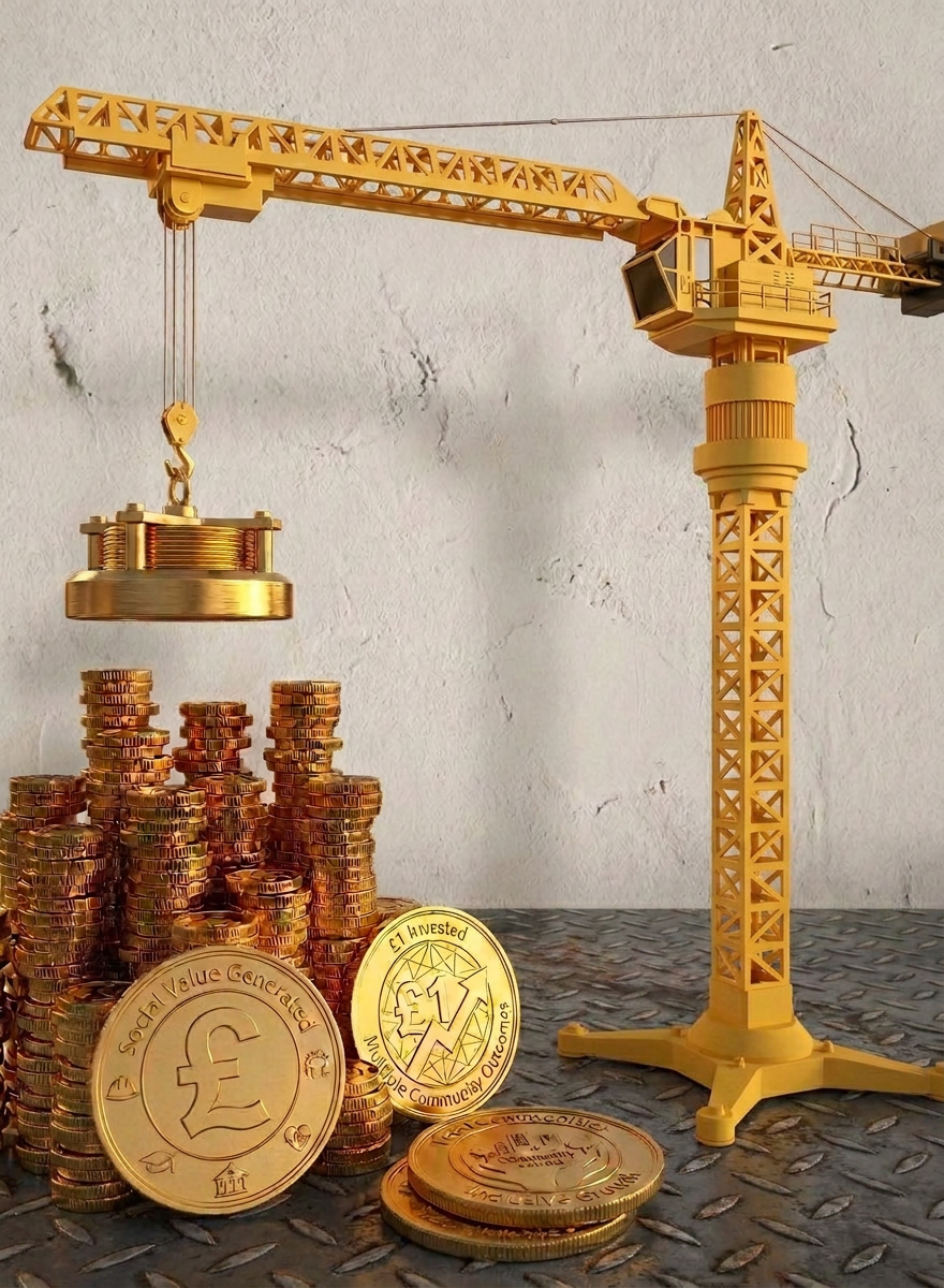 Tower crane lifting gold social value coins above a stack of coins on a steel construction surface.
