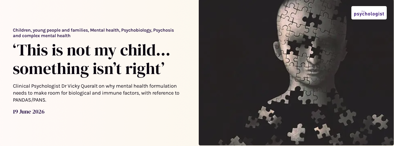 A digital collage of a human head made of puzzle pieces, some missing, with a dark background. The image is titled 'the psychologist' and relates to mental health and psychological topics.