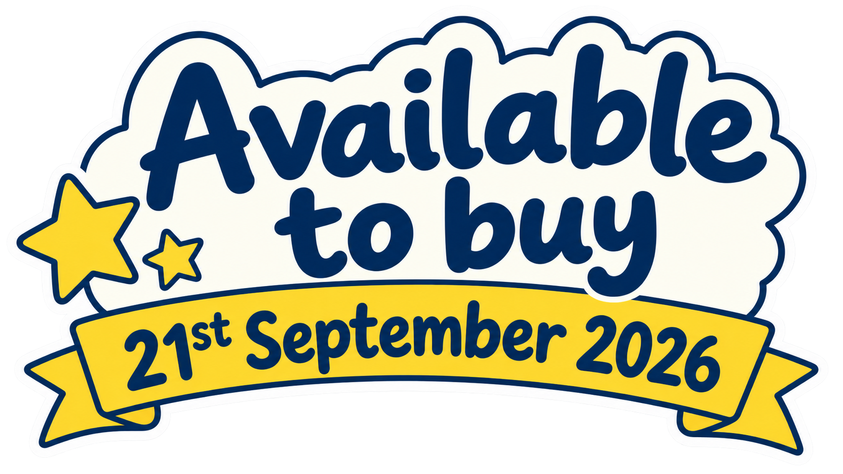 Announcement for a product available for purchase on September 21, 2026, featuring a yellow ribbon and star graphics.