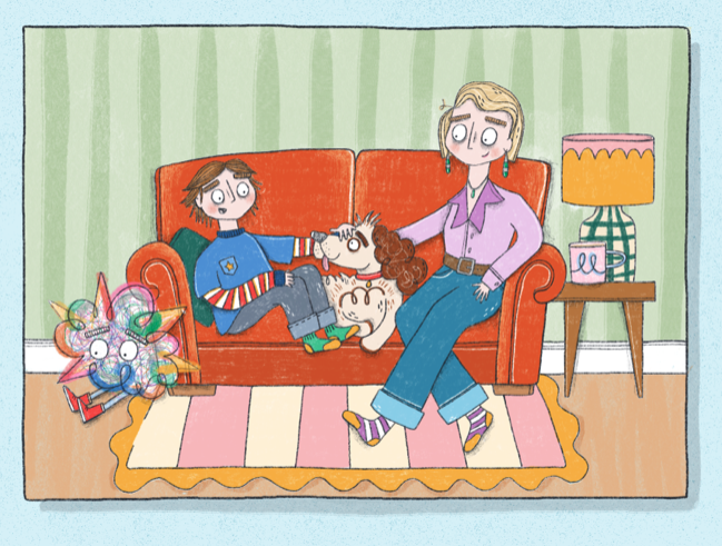 A boy, a girl, and a dog sitting on a red sofa in a cozy room with green striped walls. The boy is holding a unicorn toy, and the girl is sitting beside the dog. A colorful lamp is on a wooden side table next to the sofa. A multicolored star decoration is on the floor in front of the sofa. The children appear surprised or confused.