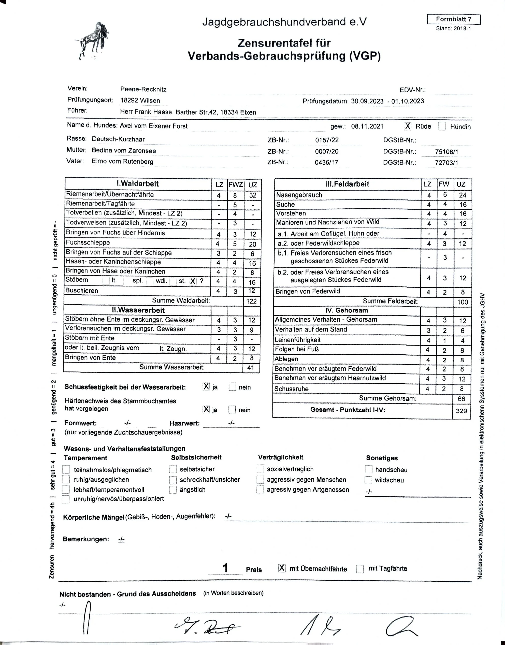 A German hunting dog assessment form filled out and signed, titled 'Zensurentafel für Verbands-Gebrauchsprüfung (VGP)', with a small logo of a hunting dog in the top left corner.