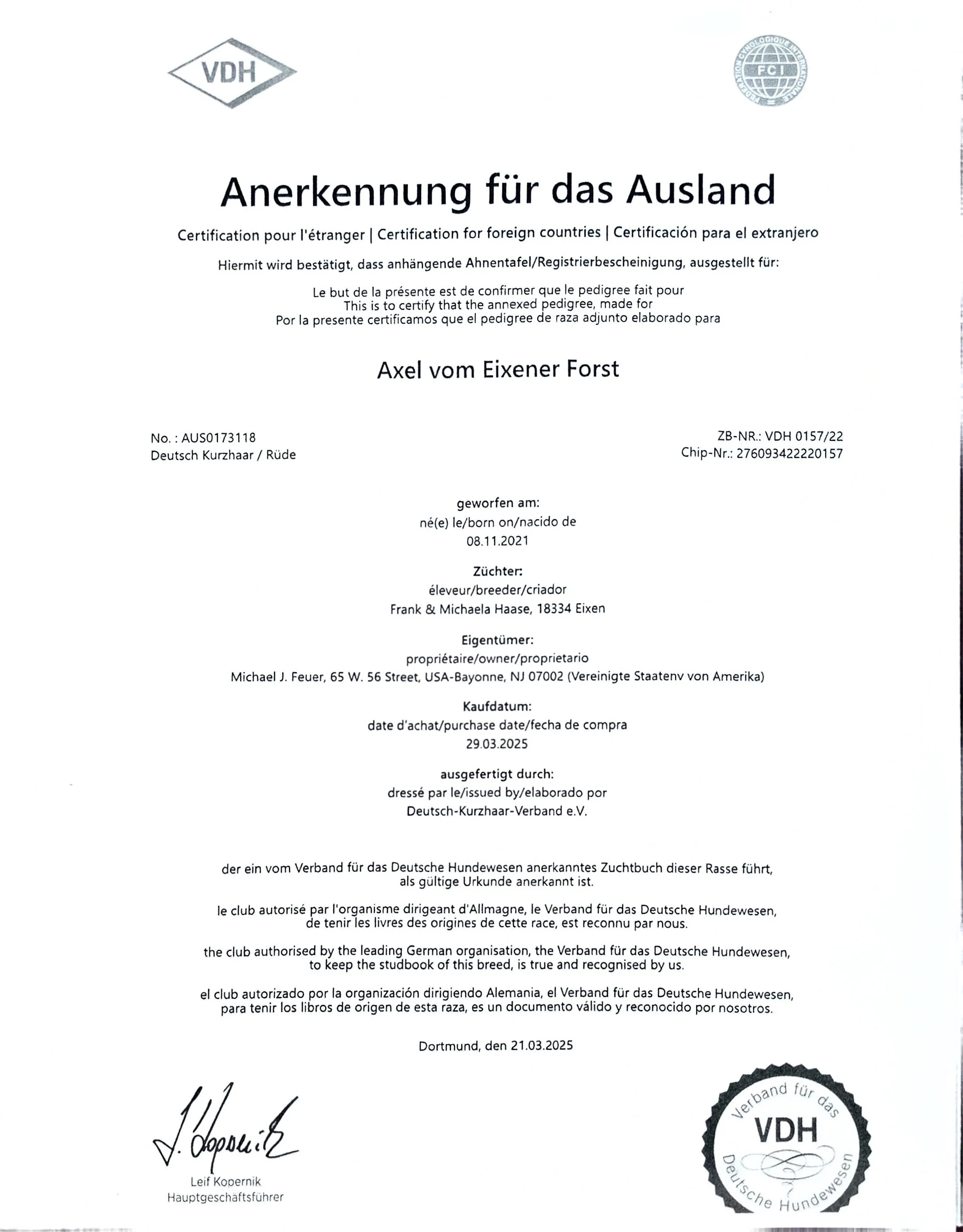 Official German certificate of recognition for a dog breed, with signatures, organizational seals, and certification details in multiple languages.