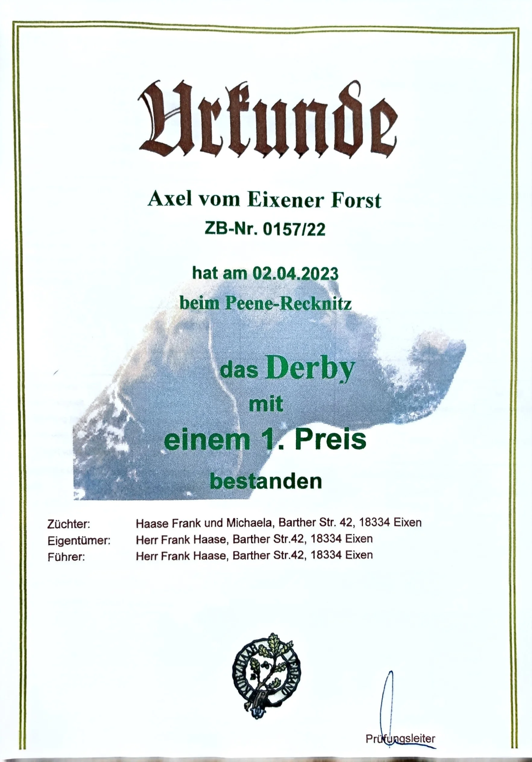 A dog pedigree certificate with French text, featuring a mountain in the background and a circular emblem with a dog paw and a wolf. The certificate includes information about the dog’s name, owner, and breeder, with a signature at the bottom.