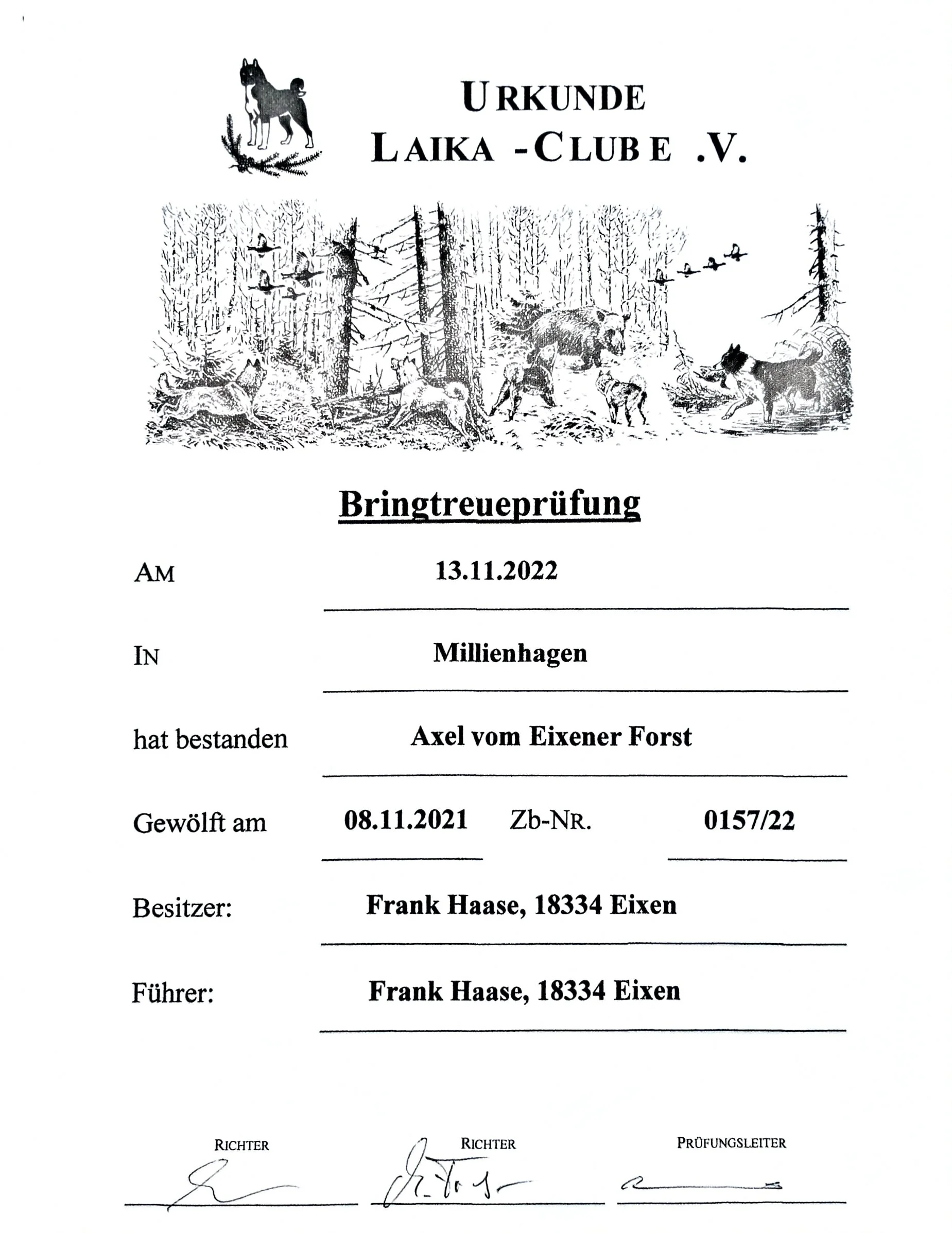A certificate from Laika-Club e.V. with drawings of dogs and birds in a forest setting, including signatures and official stamps.