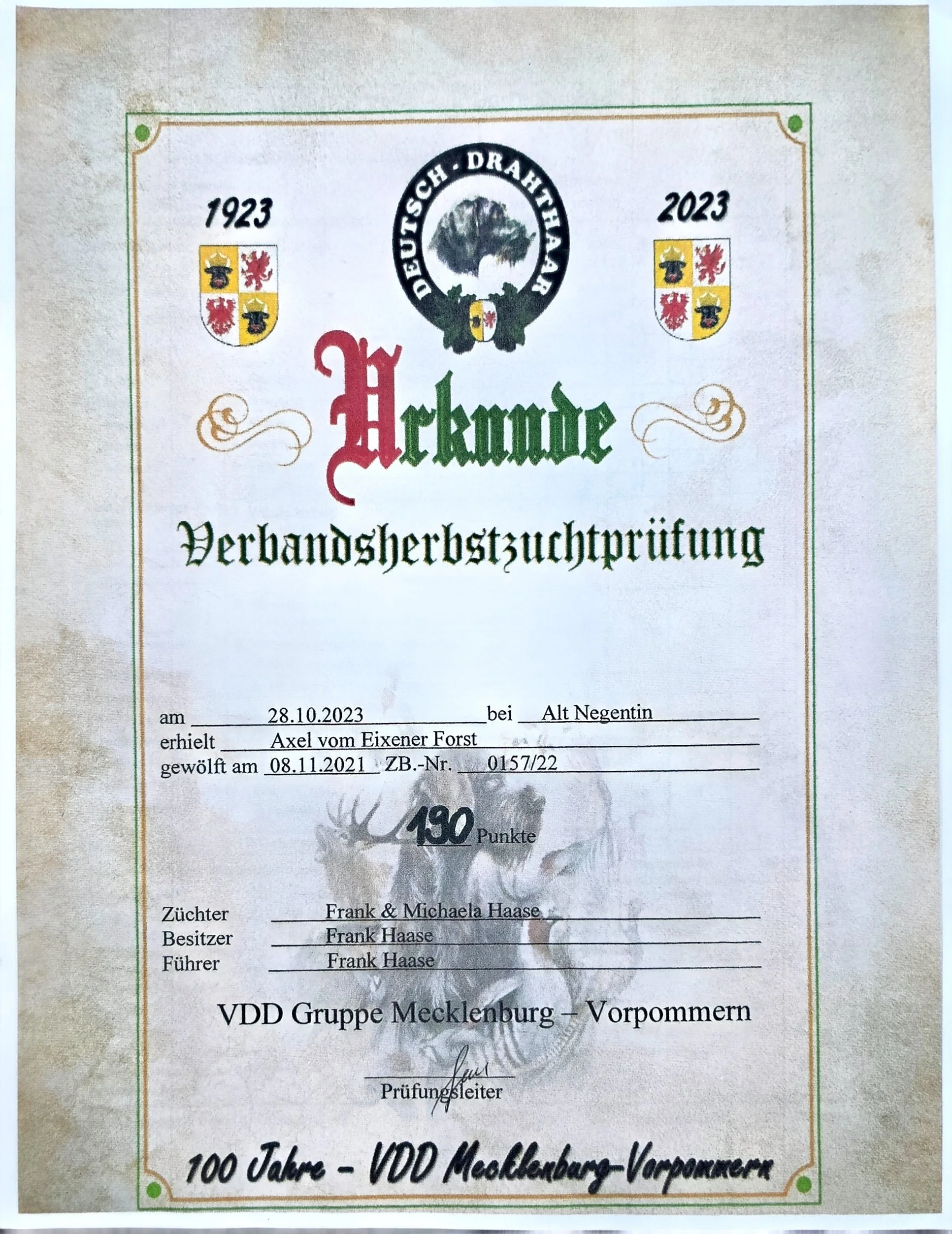 Certificate of performance or achievement from the Deutscher Drahthaar Verein (German Wire-Haired Club) for the years 1923 and 2023, issued to Axel vom Eixener Forst, with a score of 180 points and signed by an examination leader. The certificate als