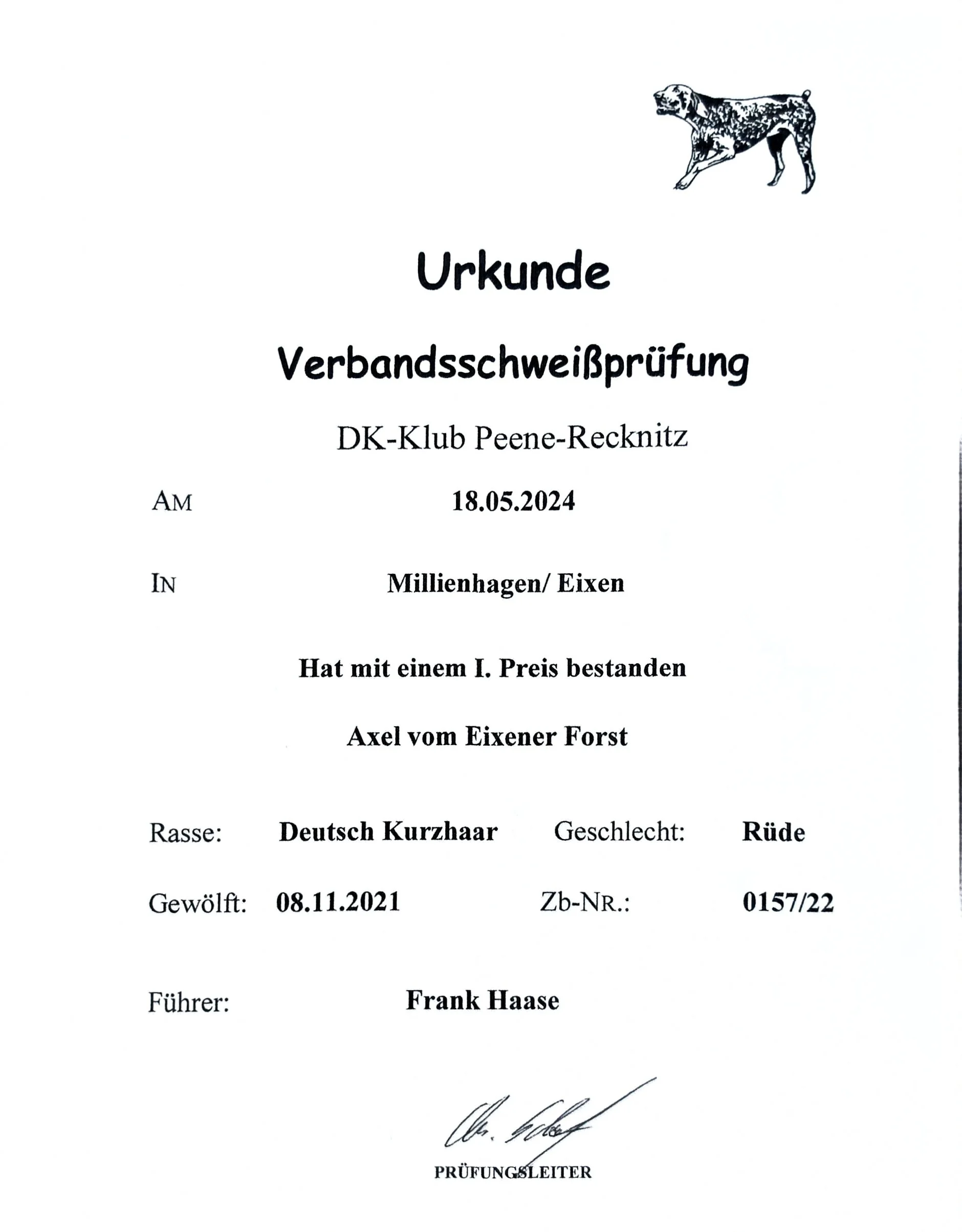 German certificate of canine breed verification with a black-and-white illustration of a dog in the top right corner and handwritten signature at the bottom.