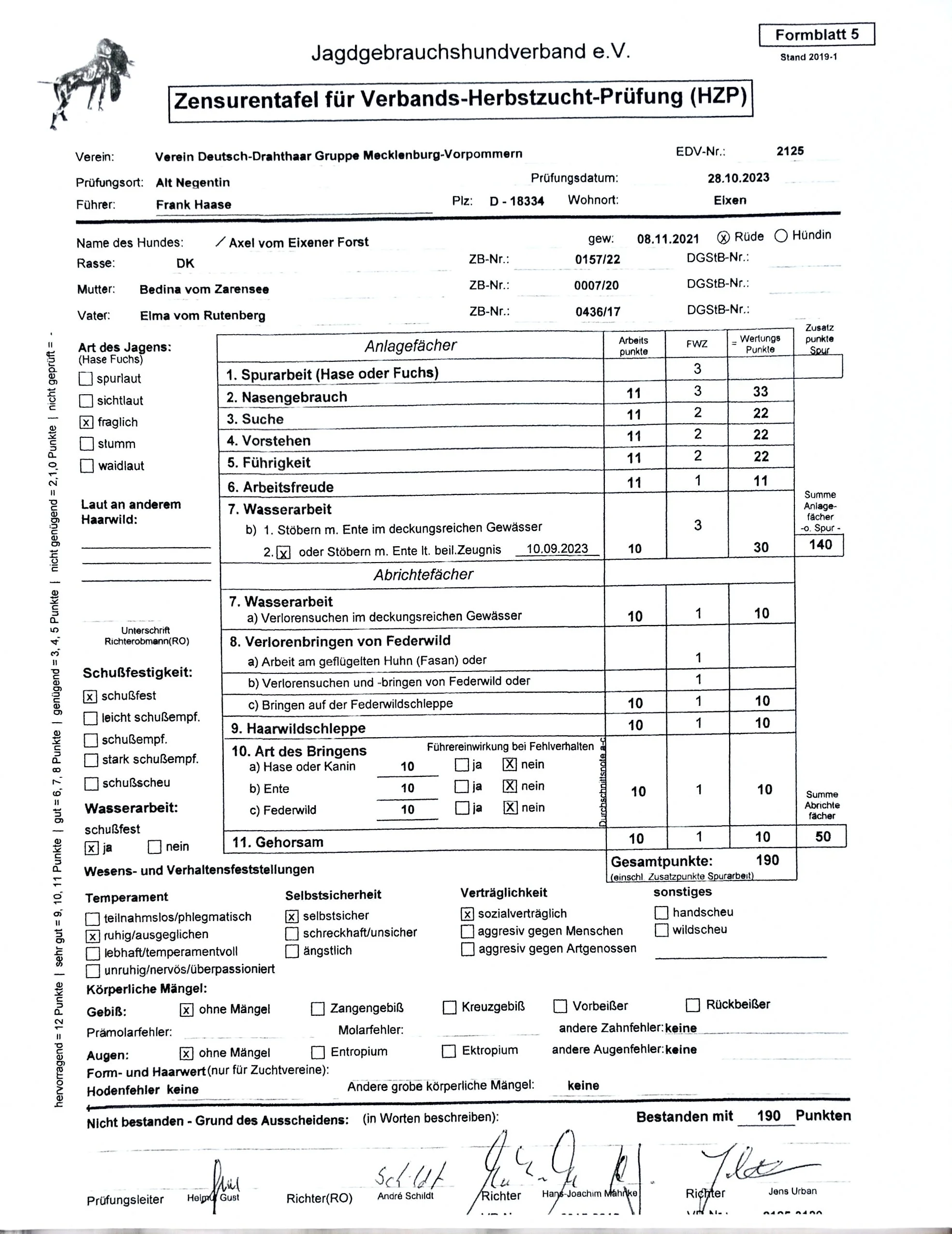 A filled-out German hunting dog evaluation form with a small illustration of a dog in the top left corner, headers, checked boxes for dog characteristics, signatures at the bottom, and various handwritten notes.