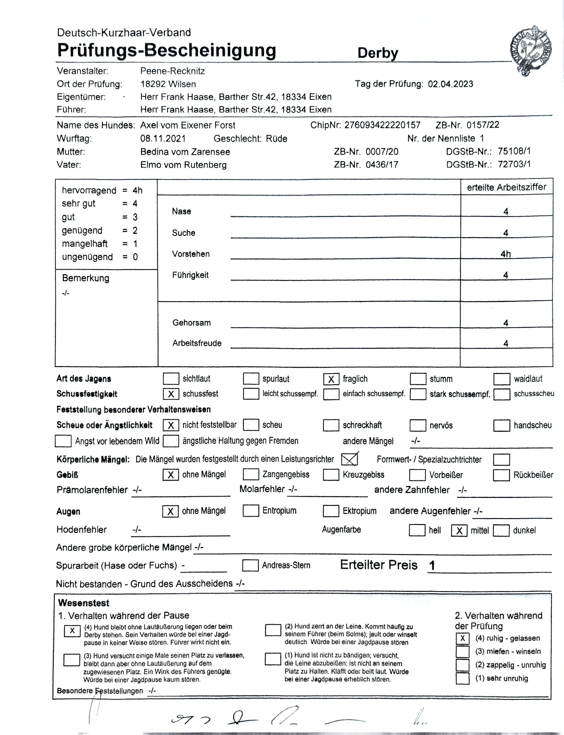 A German dog assessment report sheet with details about a dog named Axel vom Eixener Forst, including health and behavior evaluations, and a score of 4 for several traits.