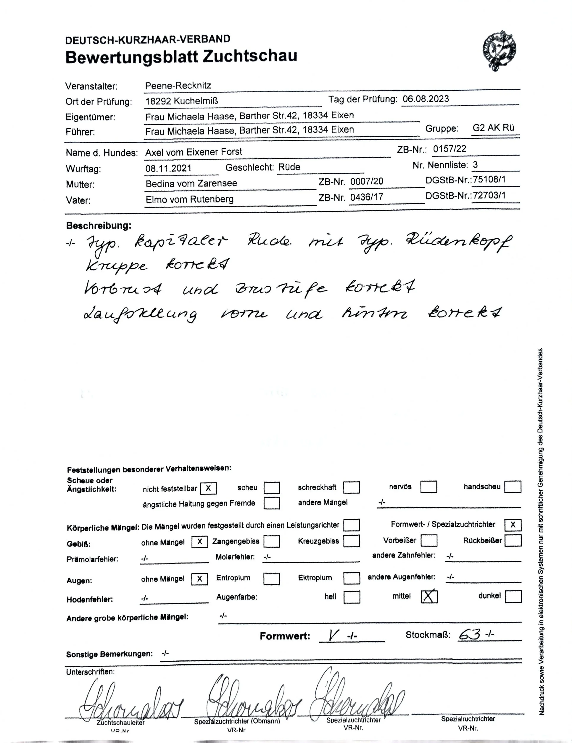 German dog breeding evaluation form filled out with handwritten notes and signatures.