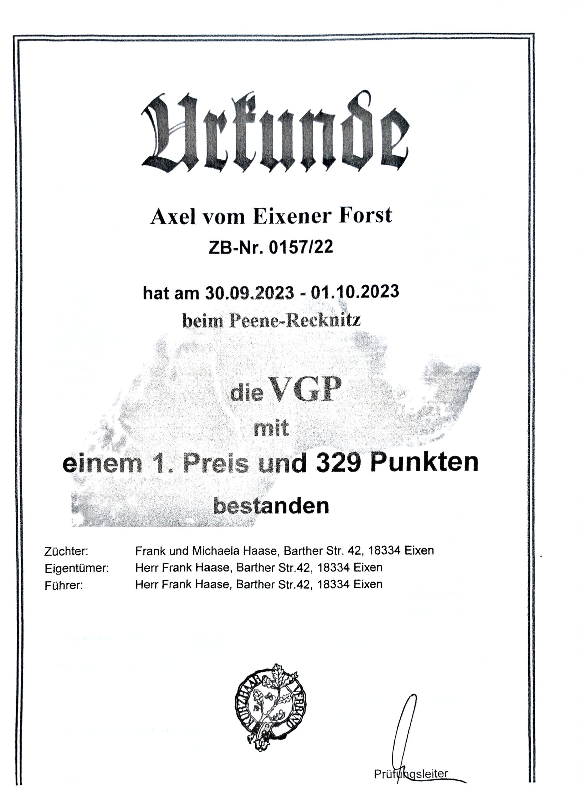 A certificate for Axel vom Eixener Forst awarded by the VGP, dated September 30, 2023, to October 1, 2023, issued at Peene-Recknitz. Contains signatures and official seals.