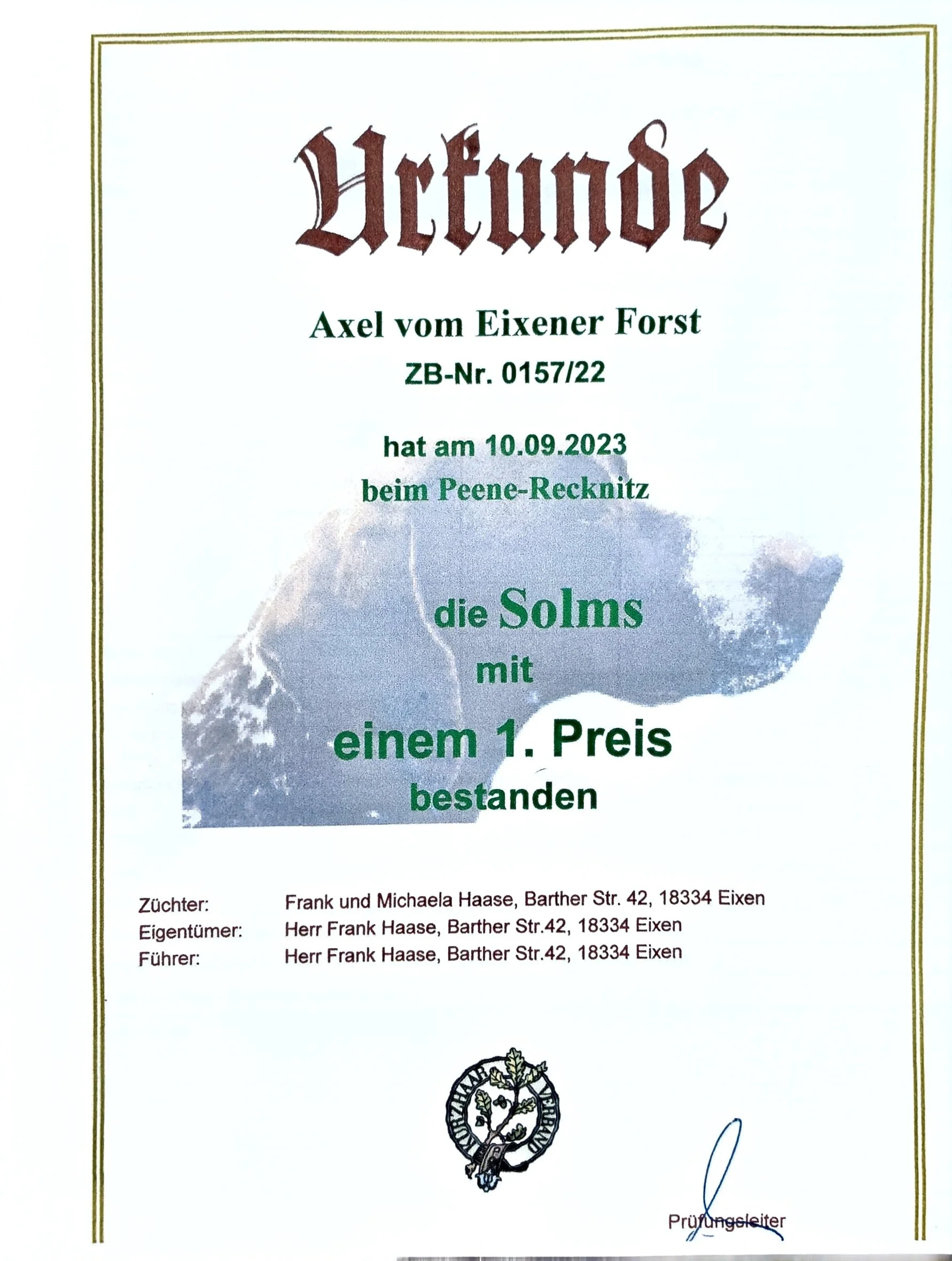Certificate of achievement awarded to Axel vom Eixener Forst for winning first place at Peene-Recknitz on September 10, 2023, signed by the certification authority with a logo of an oak tree.