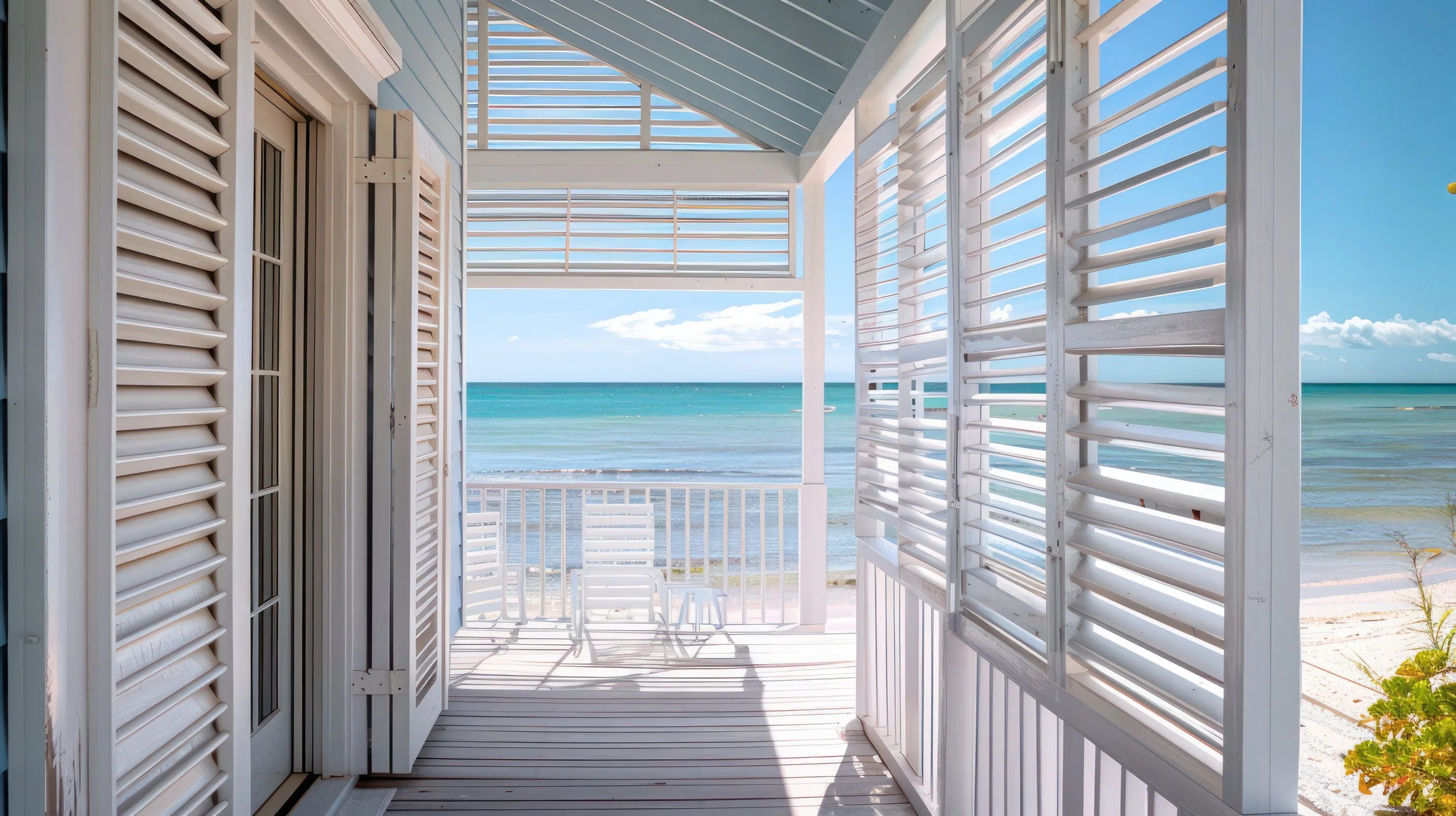 Beachfront porch with white wooden shutters and ocean view